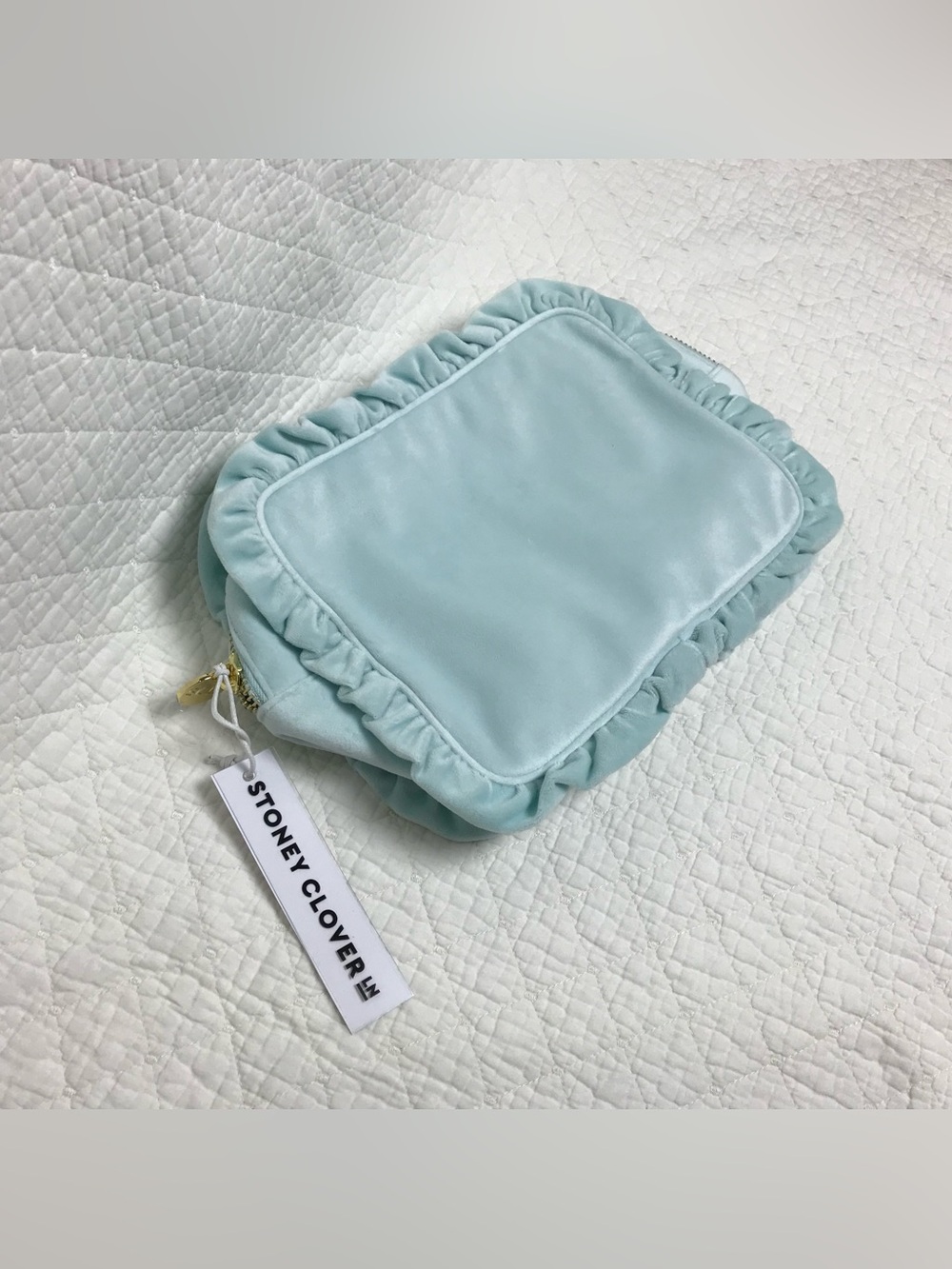 Stony Clover Lane Velvet Ruffle Large Pouch Bag In Cloud Blue NWT